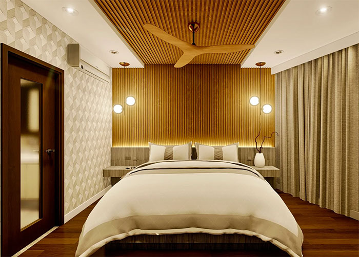 Mẫu ốp tường kết hợp với ốp trần cho phòng ngủ