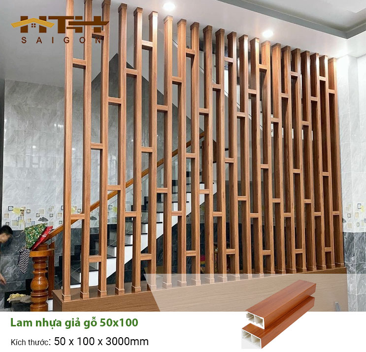 Lam nhựa giả gỗ 50x100 vách ngăn cầu thang